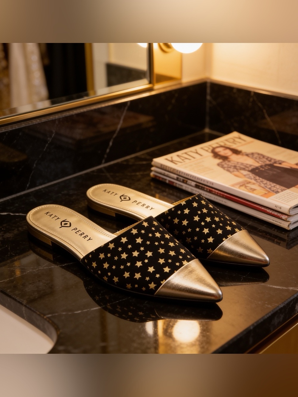 Katy Perry Collections Black & Gold Star Pointed Slip-On Mules